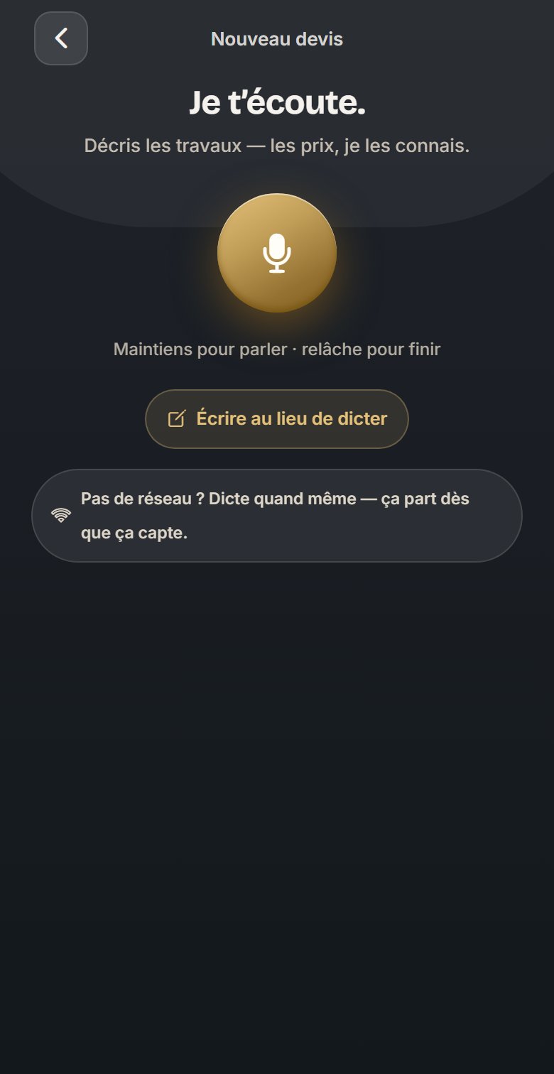 L'écran de dictée : le transcript s'écrit, les lignes du devis se chiffrent en direct