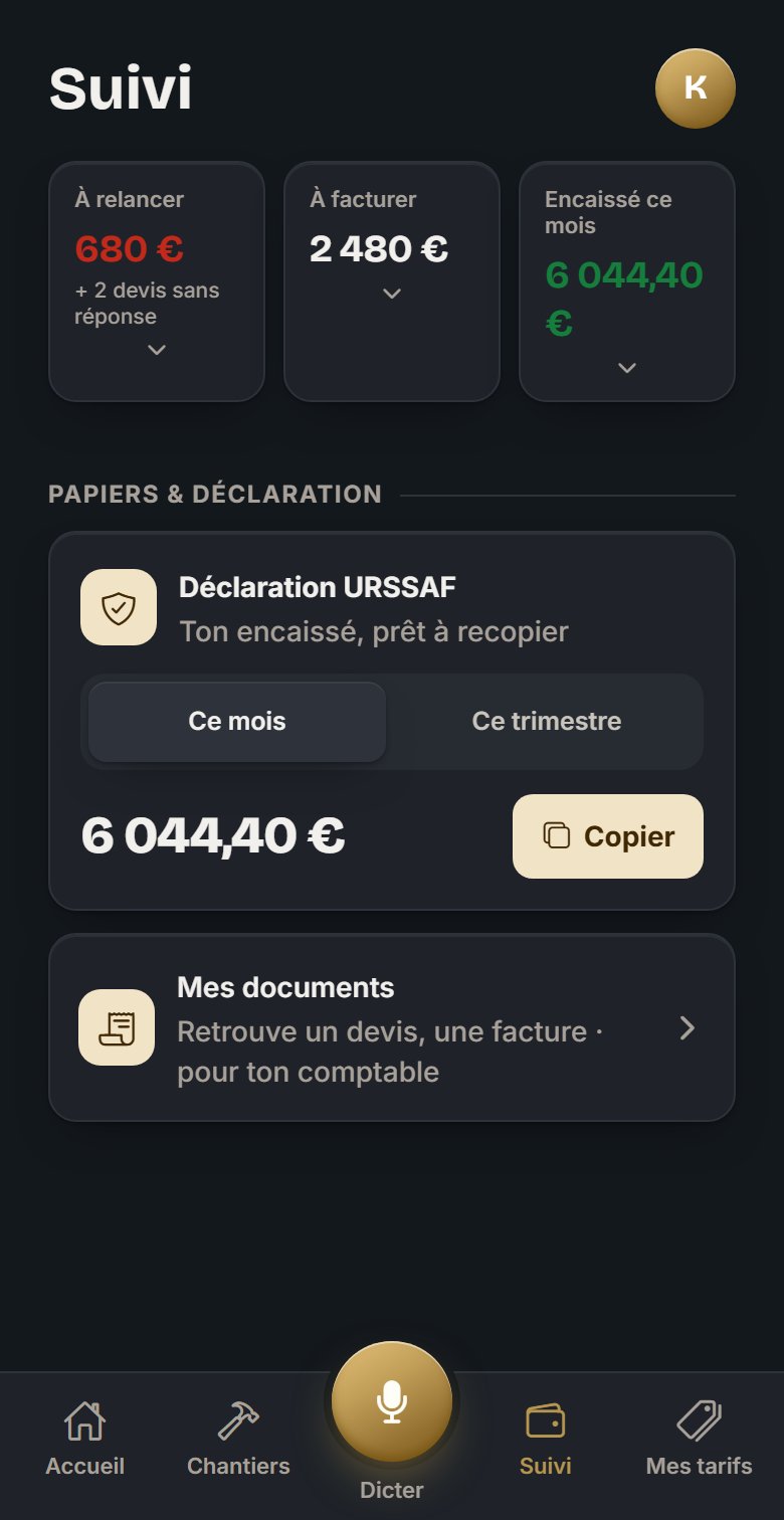 L'écran Suivi : déclaration URSSAF, encaissé du mois, bouton Copier